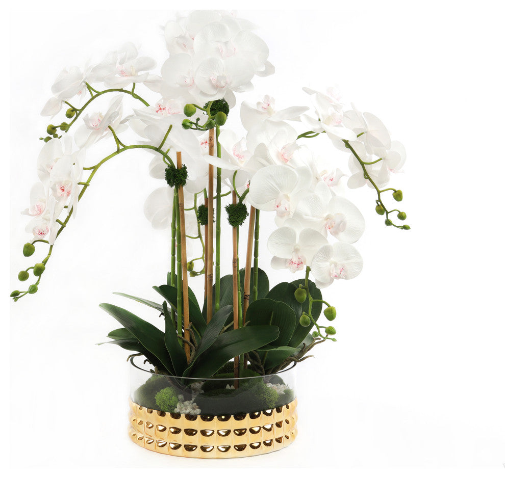 Real Touch Cream Orchid Arrangement in a Glass Gold Bowl