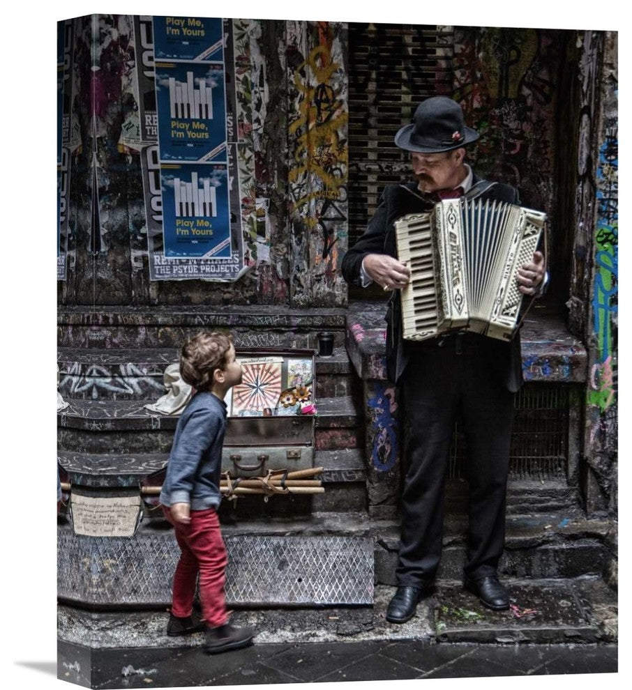 "The Busker And The Boy" Stretched Canvas Giclee by Vince Russell, 13x16"