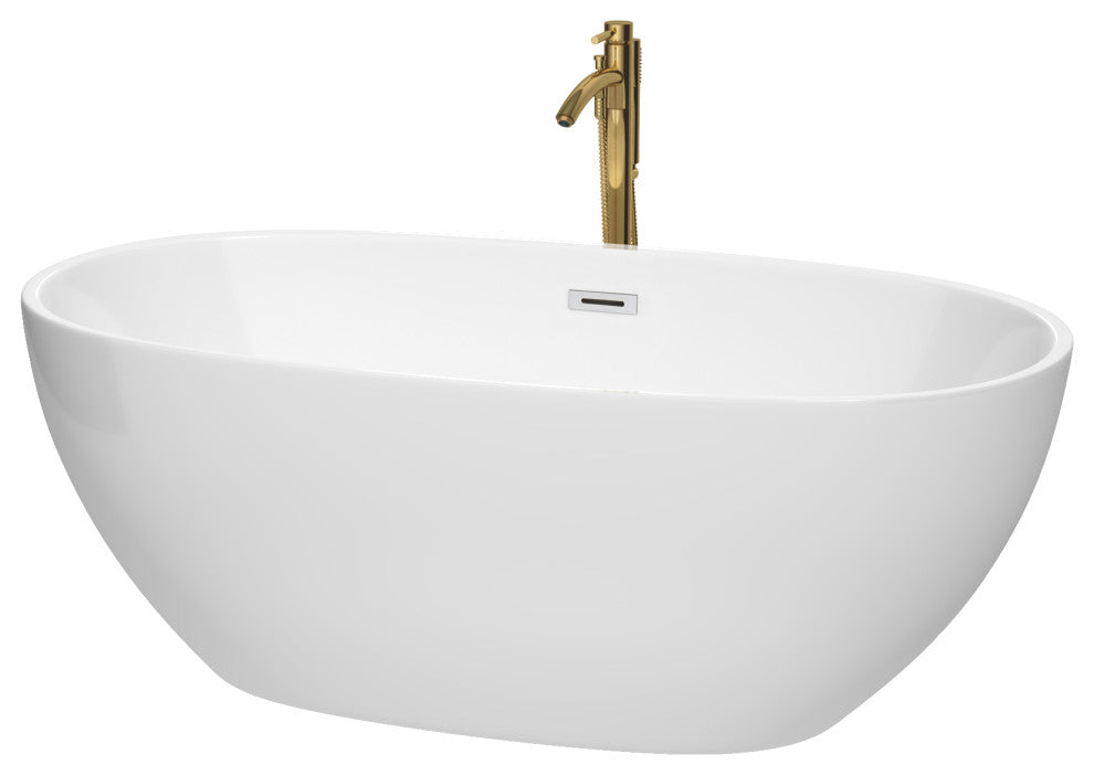 Juno Freestanding Bathtub, Polished Chrome Trim, 63", Faucet in Brushed Gold