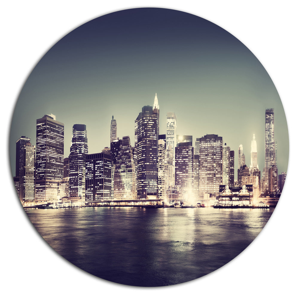 Black And White Nyc Night Panorama, Cityscape Disc Metal Artwork, 36"