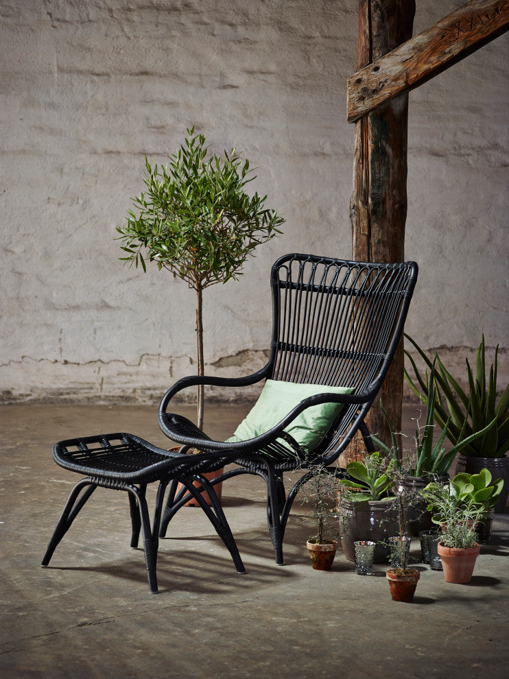 Monet Highback Rattan Lounge Chair and Footstool, Black