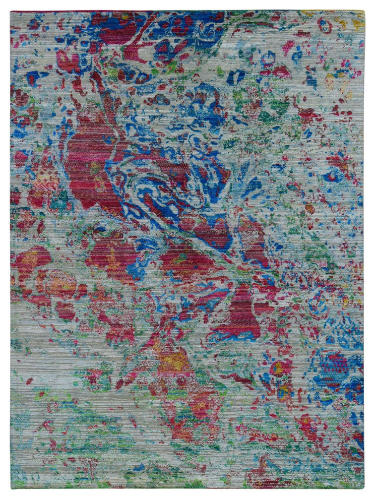 Cinereous Gray, Abstract Design, Silk With Wool, Hand Knotted Rug, 8'10"x12'2"