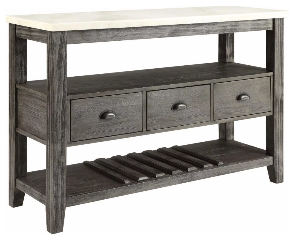 Farmhouse Sideboard, Marble Top With Storage Drawers & Open Shelves, White/Grey