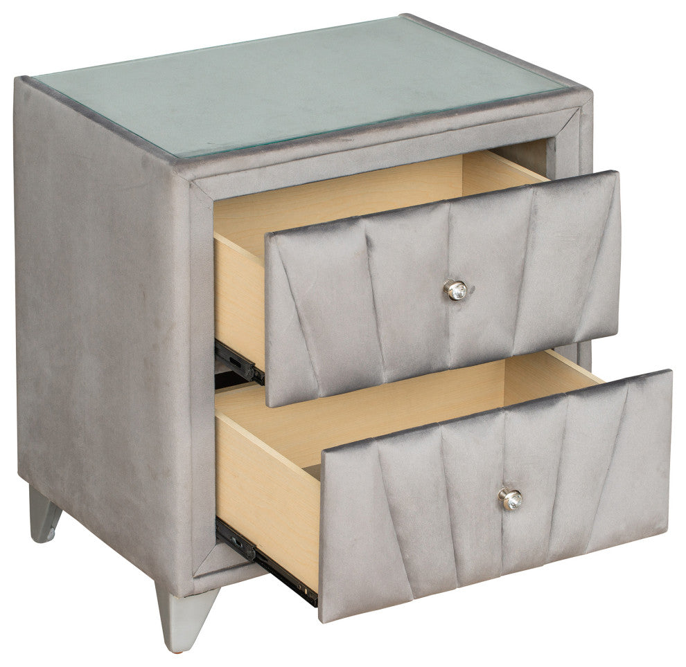 2-Drawer Wood Nightstand with Velvet Fabric and Glass Worktop, Silver Gray