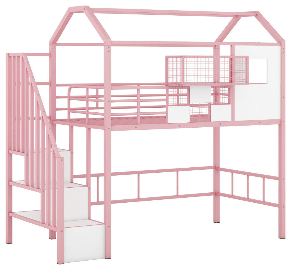 Gewnee Metal Loft Bed with roof design and a storage box, Twin, Pink