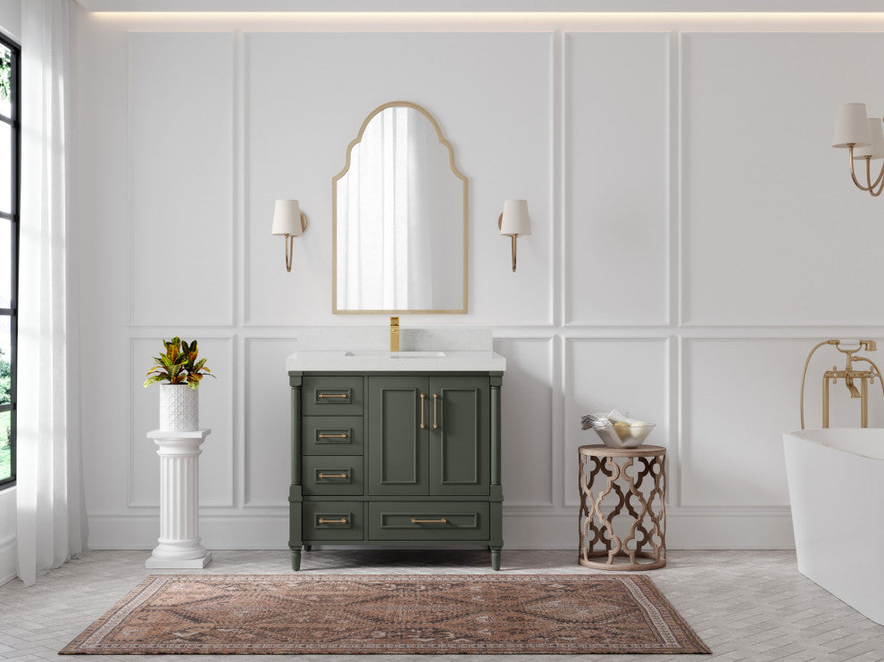 Aberdeen 36 Center Sink Bath Vanity in Pewter Green 2" Carrara Quartz