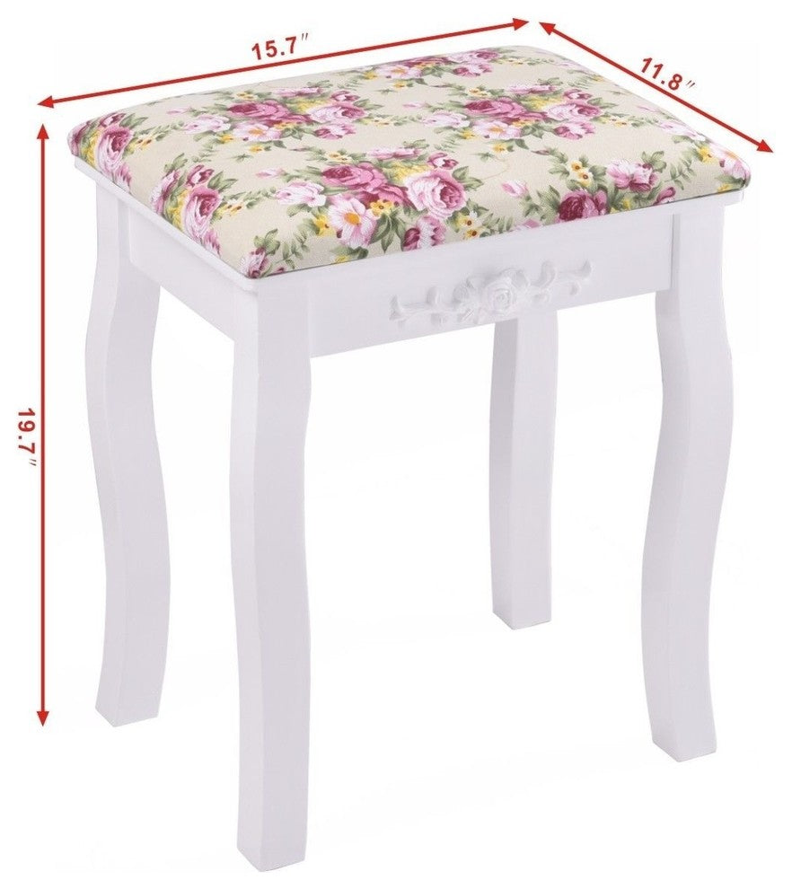 Vanity Wood Dressing Stool Padded Piano Seat With Rose Cushion, White