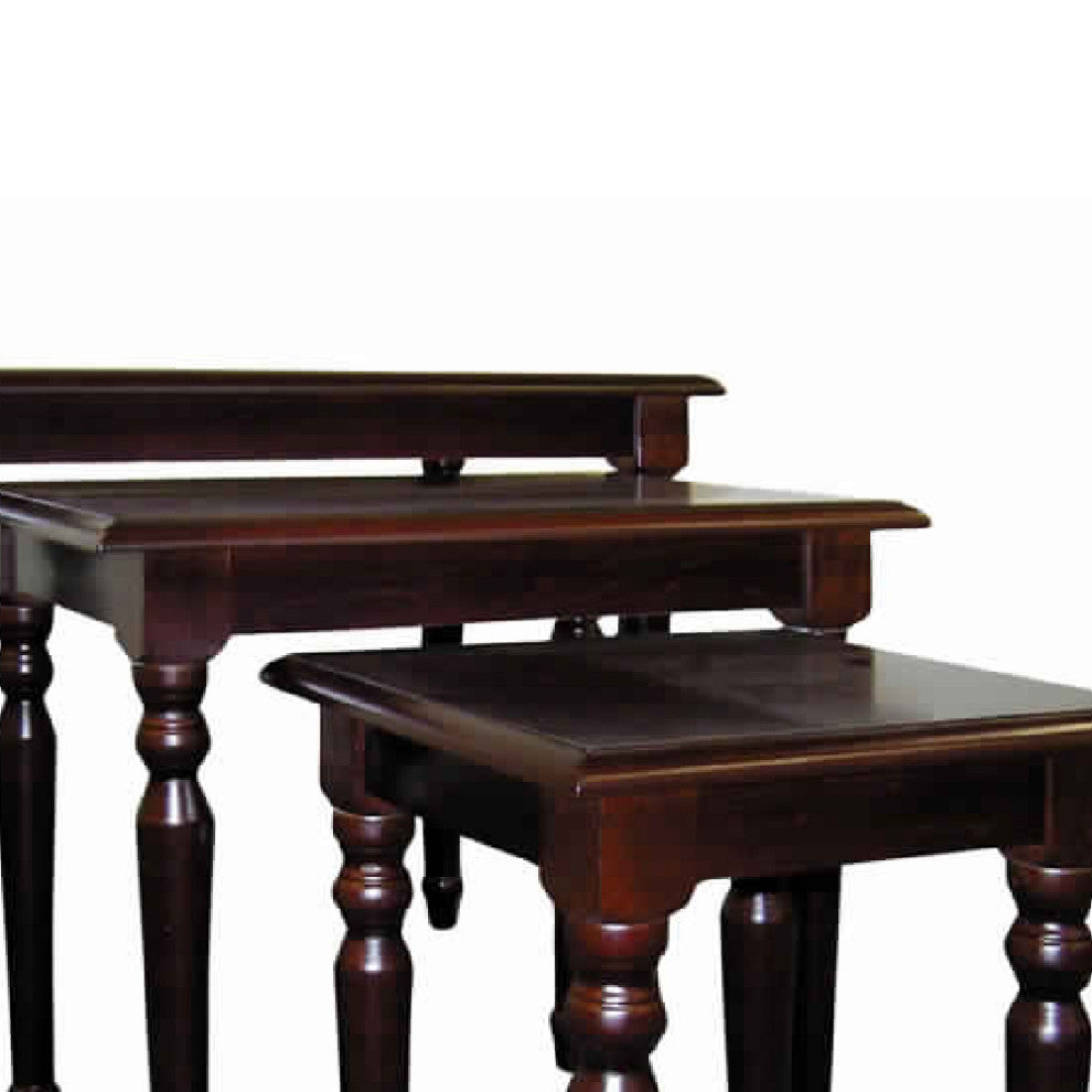 Benzara BM95312 3 Piece Wooden Nesting Tables With Turned Tapered Legs, Cherry