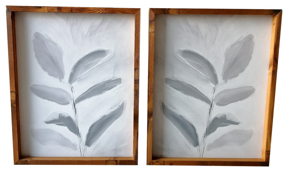 Set of Two Modern Blue Gray Leaves Framed Canvas Wall Art