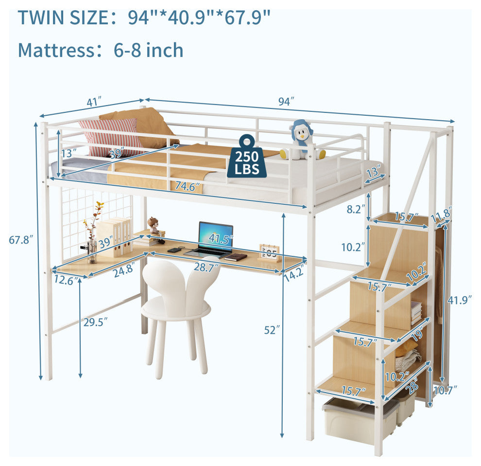 Gewnee Twin Loft Bed with Desk and Storage Wardrobe