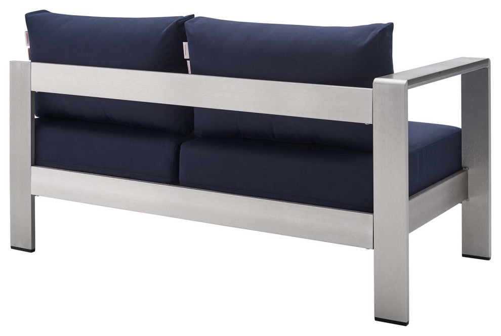 Lounge Loveseat Sofa, Sunbrella, Fabric, Aluminum, Silver Blue Navy, Outdoor
