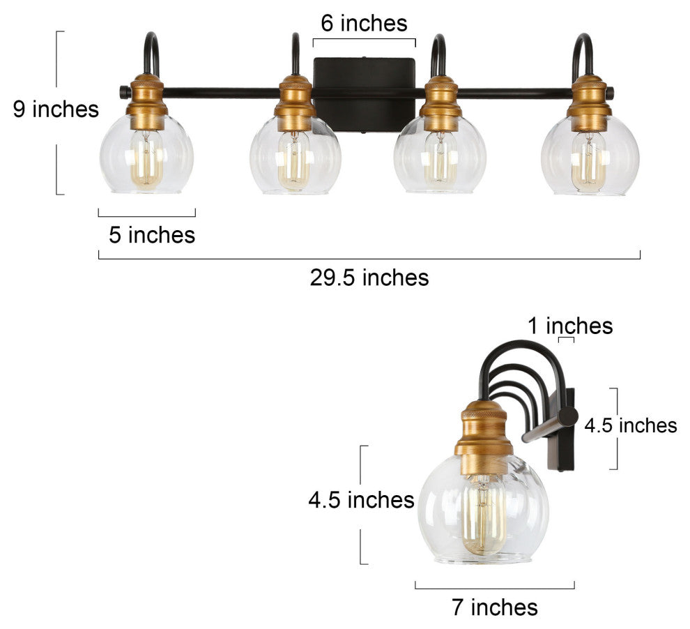 LNC 4-Light Black & Brass Modern Glass Bathroom Vanity Lighting