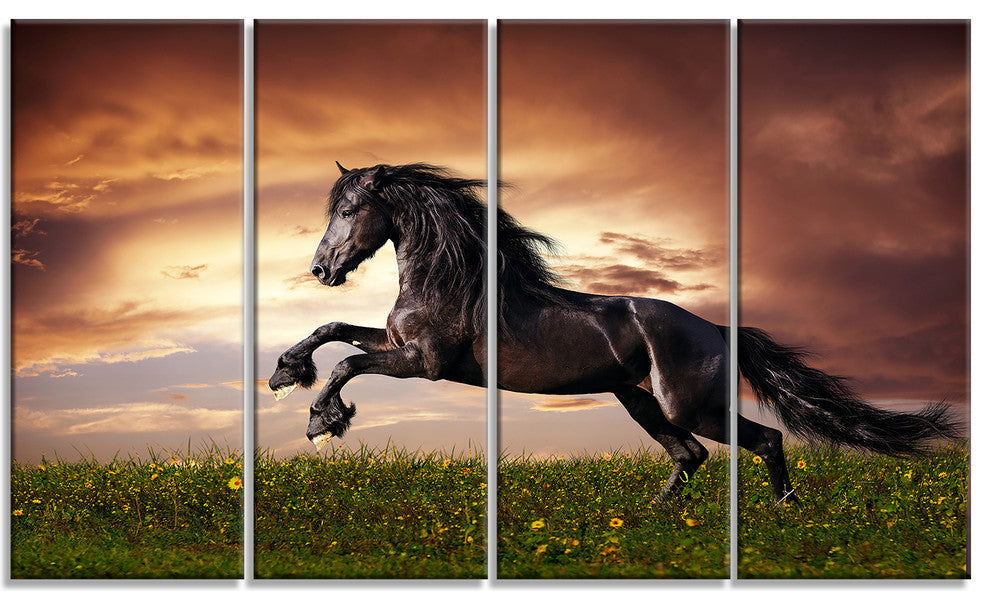 Black Friesian Horse Gallop, Abstract Canvas Art Print, 48"x28", 4 Panels