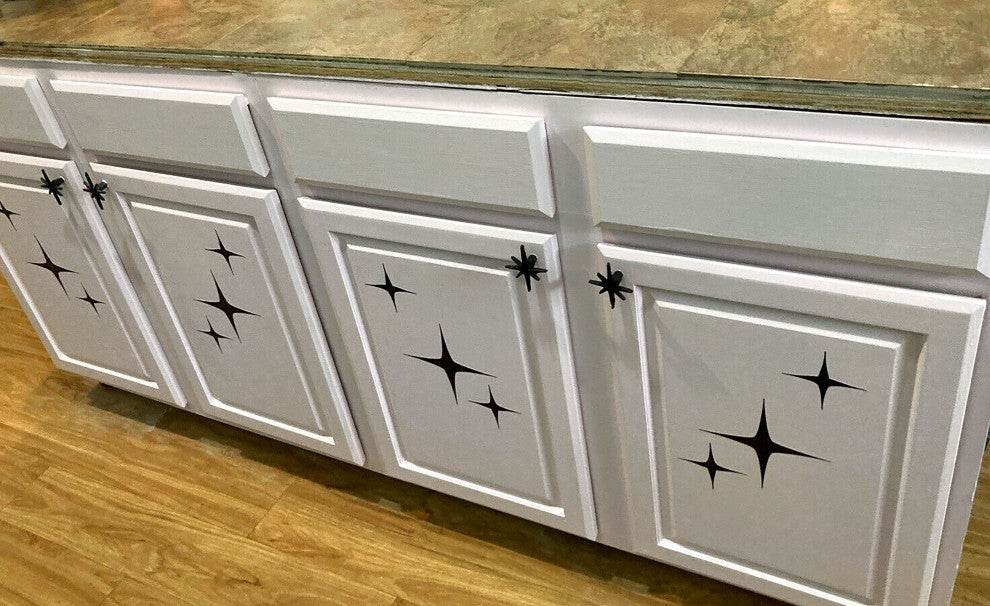 Set of 6 Antique Black Finish Mid Century Modern Starburst Drawer Pulls Knobs
