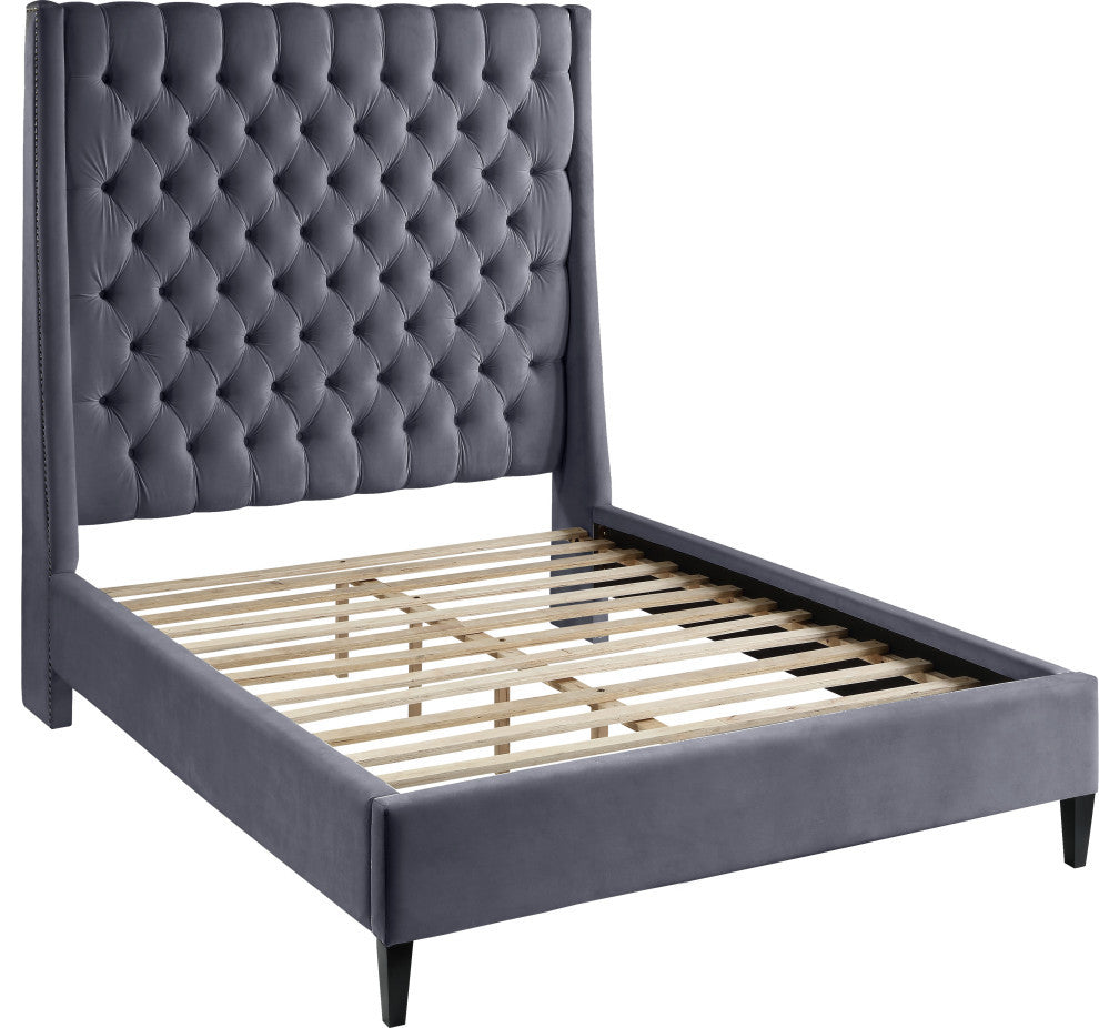 Fritz Velvet Upholstered Bed, Gray, Queen
