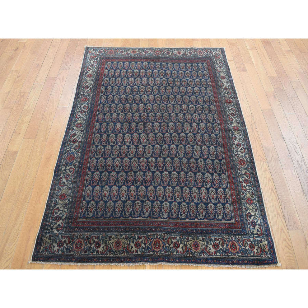 Yankees Blue, Antique Persian Senneh, Hand Knotted Pure Wool Rug, 4'x6'