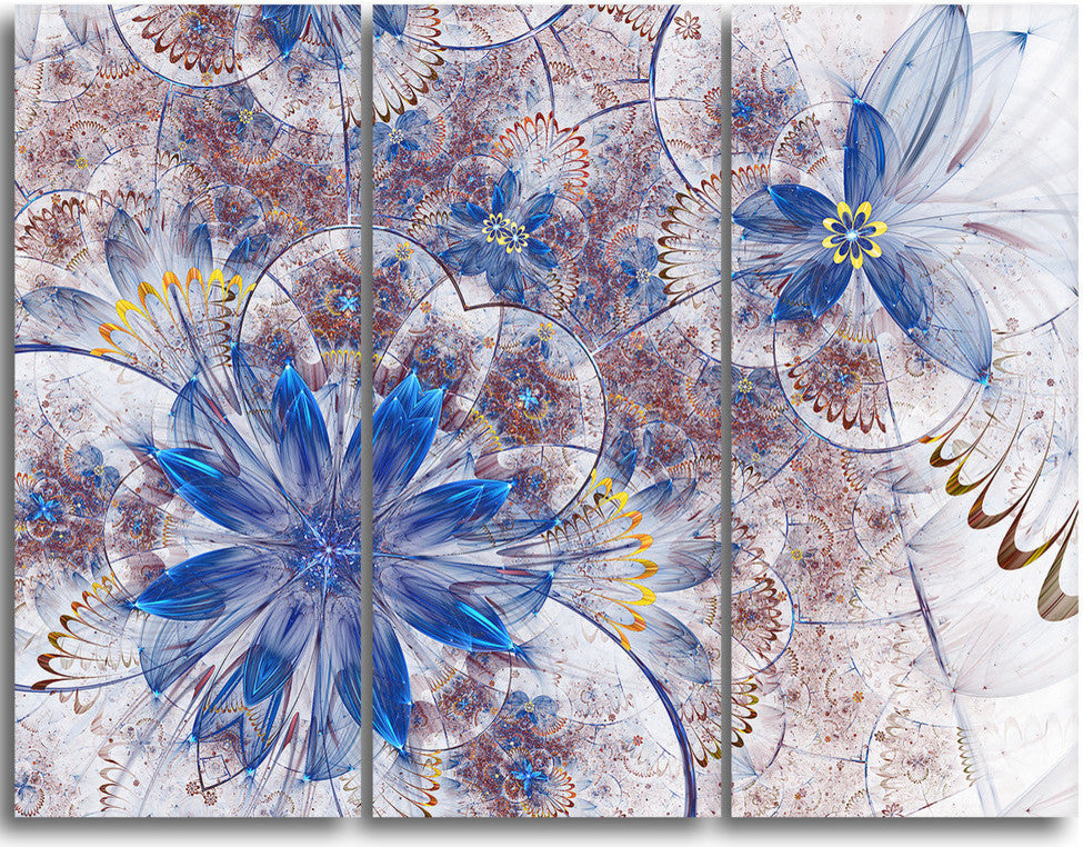 "Blue Brown Grungy Floral Shapes" Metal Wall Art, 3 Panels, 36"x28"