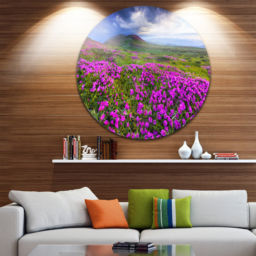 Rhododendron Flowers In Mountains, Landscape Disc Metal Artwork, 11"