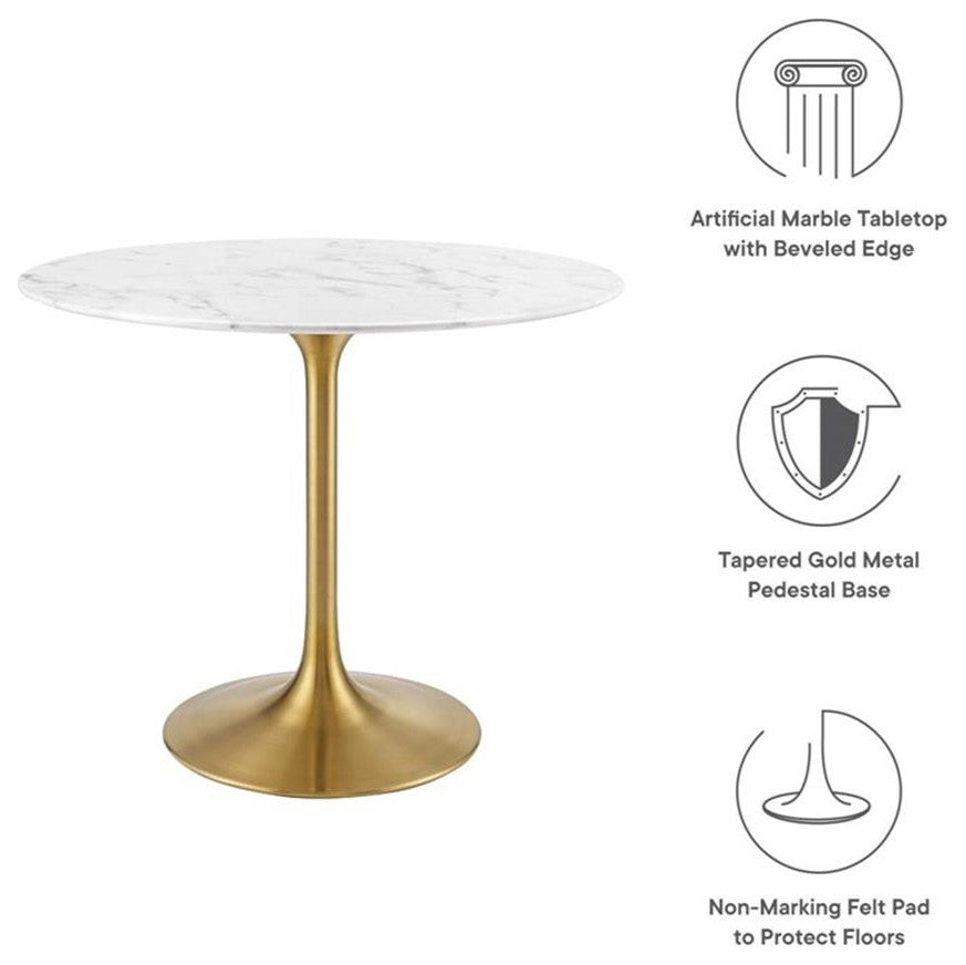 Modway Lippa 36" Round Faux Marble & Metal Dining Table in Gold and White