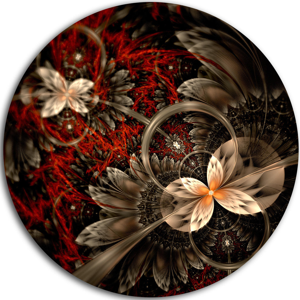 Red And Orange Fractal Flower Pattern, Floral Disc Metal Artwork, 36"