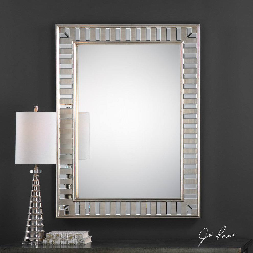 Dazzling Tiled Silver Wall Mirror, Vanity Framed Solid Wood Elegant Venetian