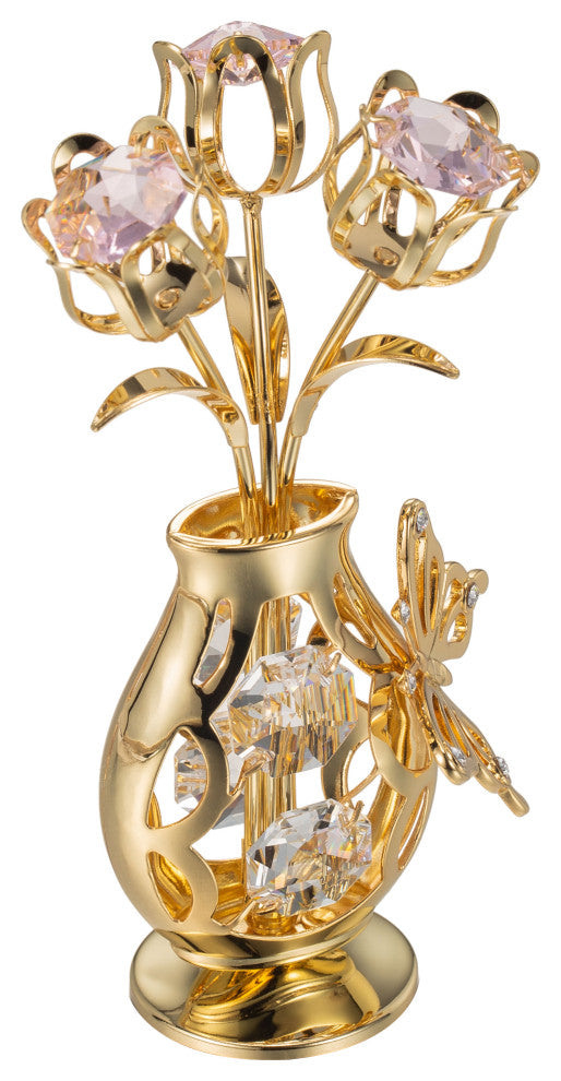 Matashi 24K Gold Plated Flower Ornament in Vase w Crystals Decorative Butterfly