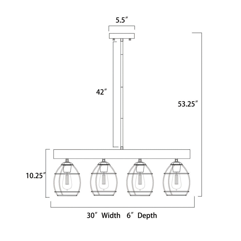 4-Light Wood and Black Cage Linear Pendant
