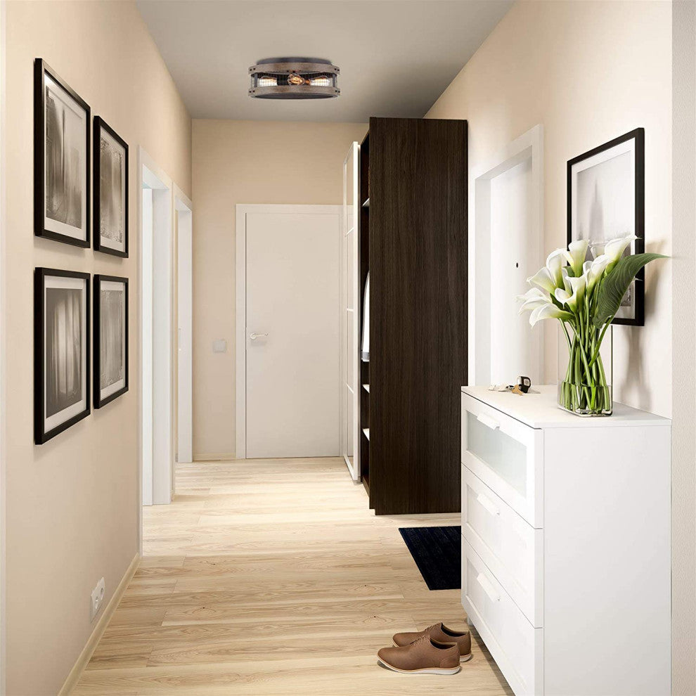 4 Light Farmhouse Flush Mount Ceiling Lamp, Wood, Black Frame