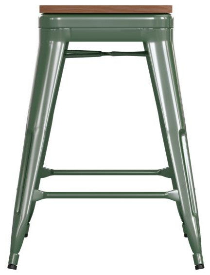 Kai Commercial Grade 24" High Metal Indoor-Outdoor Counter Height Stool, Green/Teak