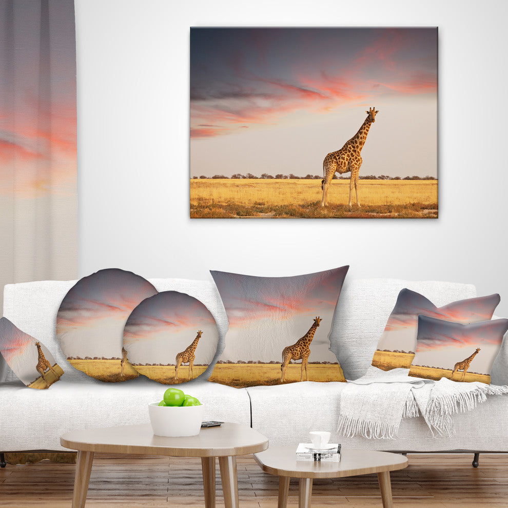 Single Giraffe in Savannah African Throw Pillow, 18"x18"