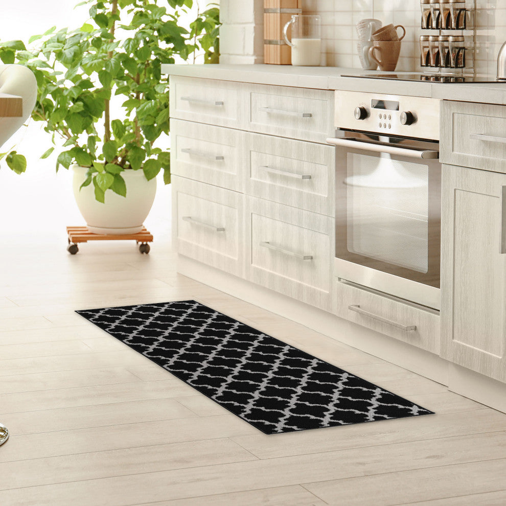 Wool Effect Arabesque, Black/Gray, Kitchen Runner Rug