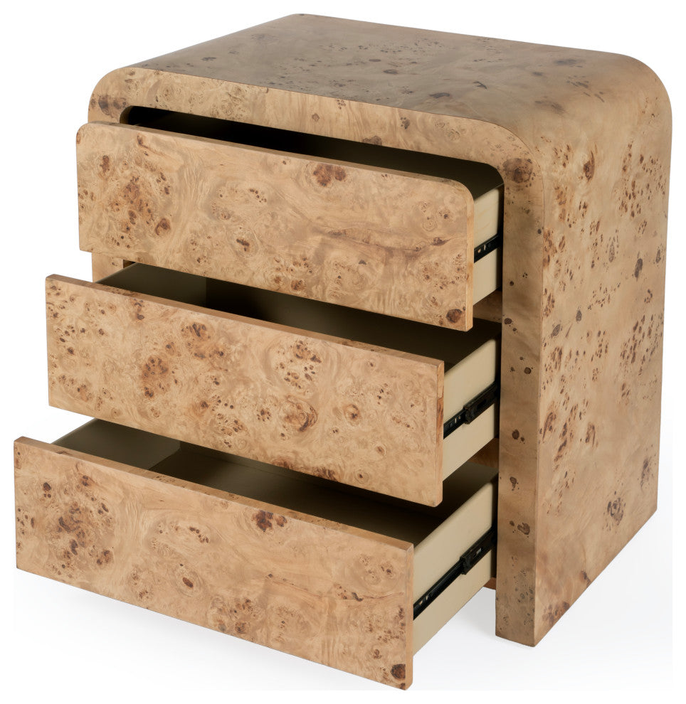 Cora 3 Drawer Burl Wood Curved Chest