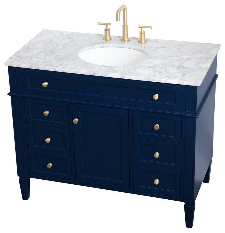 Home Living Vanity with Carrara White Marble Countertop, Blue, 42", Single Sink