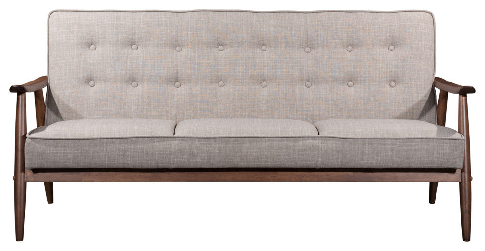 Retro Modern Button Tufted Sofa, Wood Arm, Beige Poly-Linen
