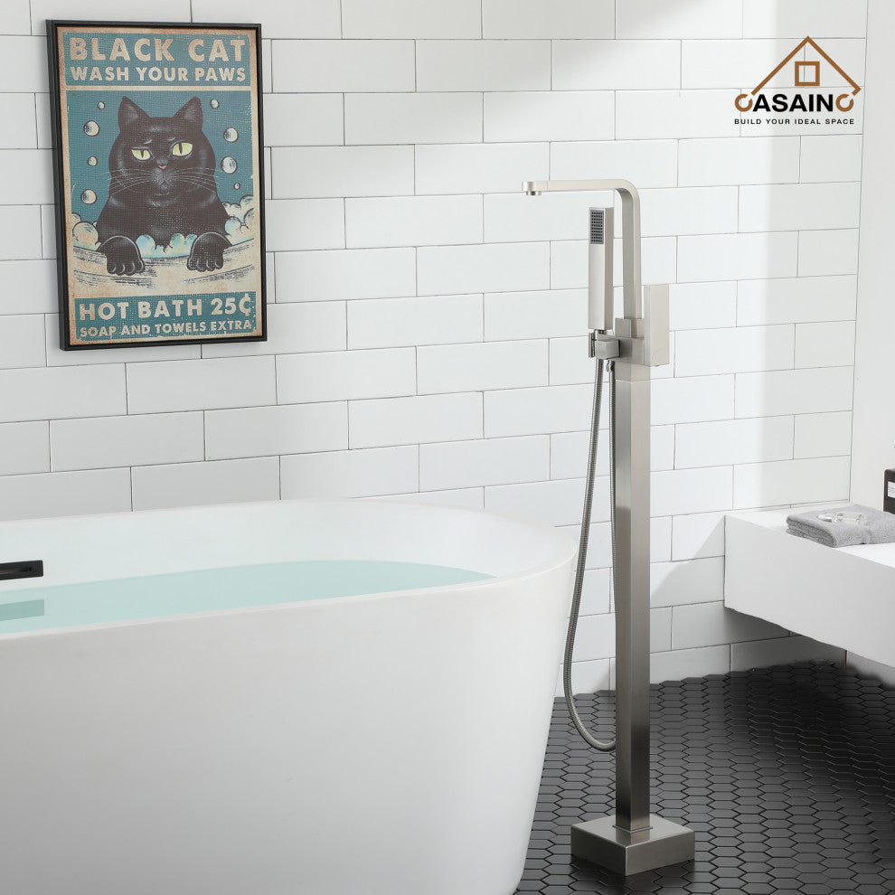 Floor Mount Tub Filler with Handheld Shower Head, Brushed Nickel