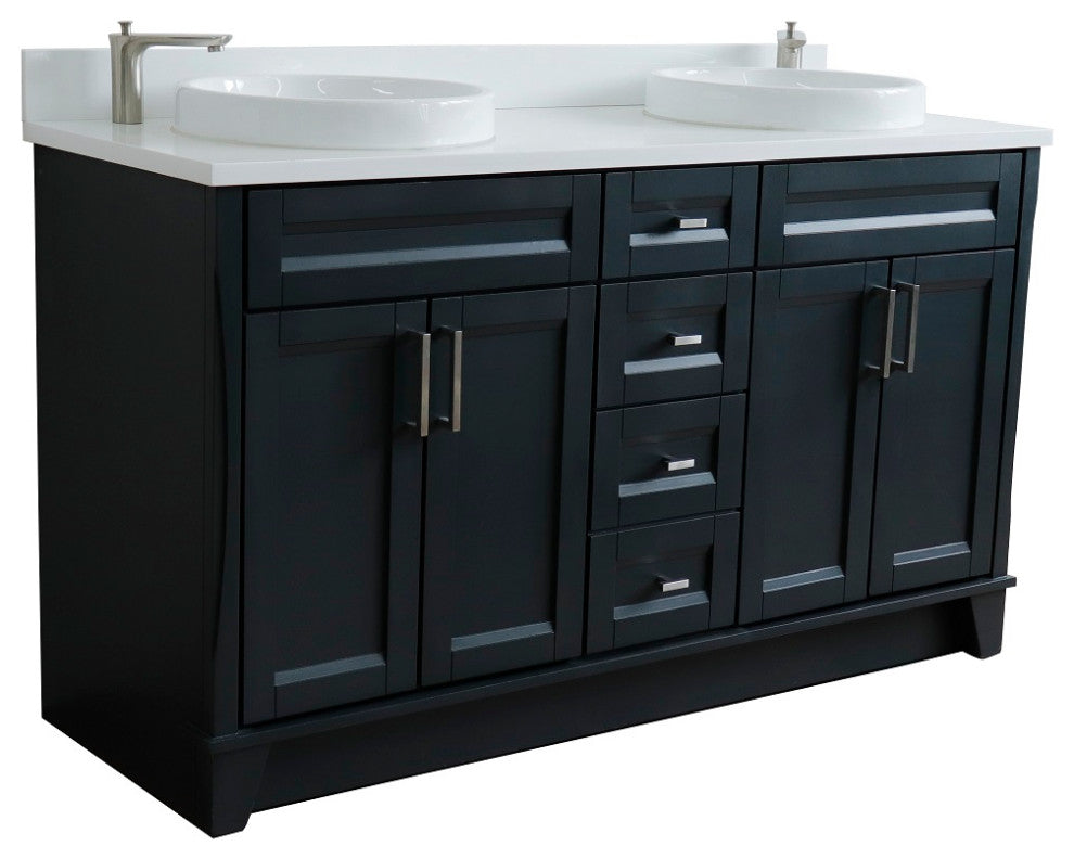 61" Double Sink Vanity, Dark Gray Finish And Engineered Stone Top And Round Sink