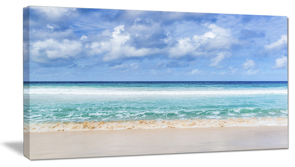 "Tranquil Beach Under White Clouds" Modern Seascape Canvas Artwork, 40"x20"