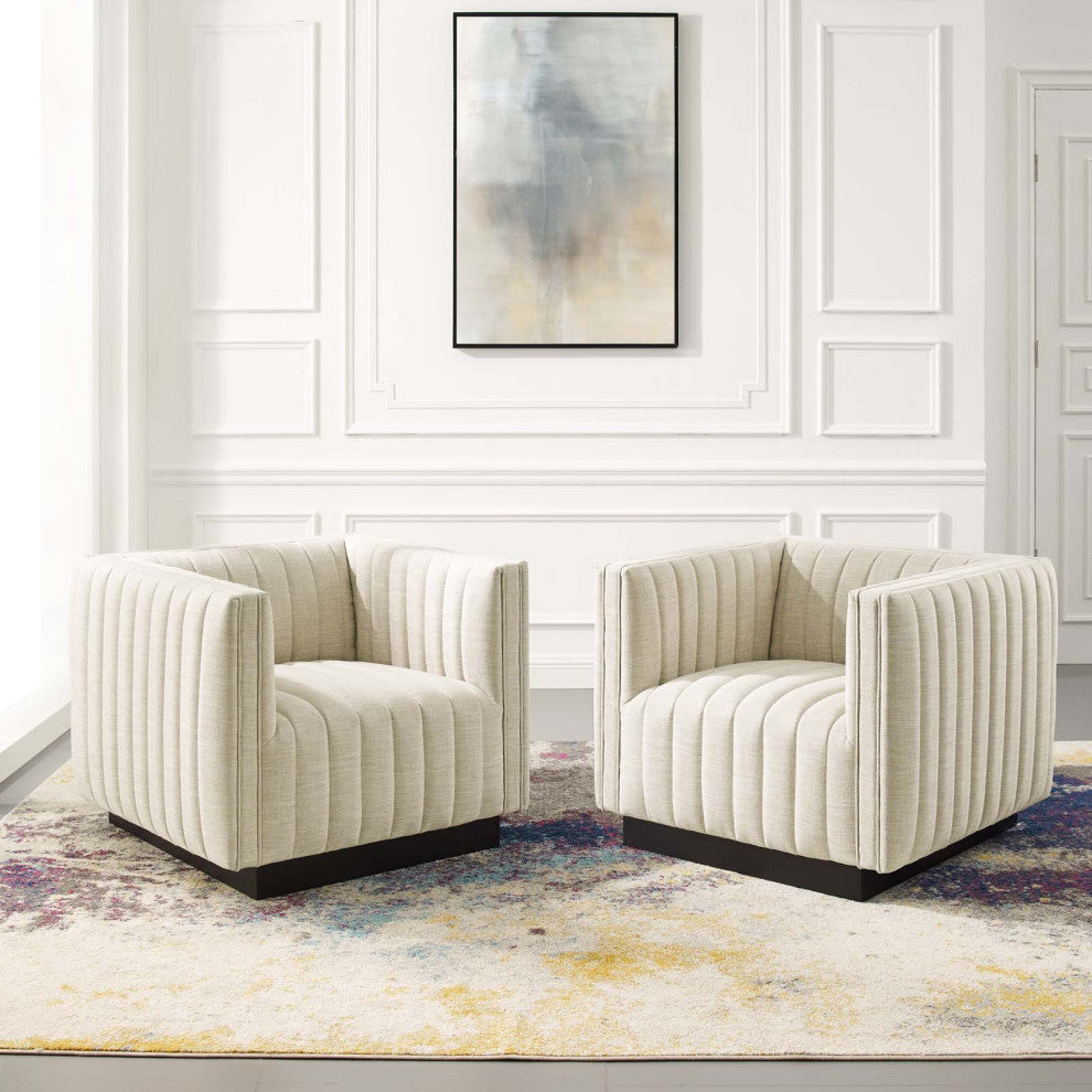 Tufted Armchair Accent Chair, Set of 2, Fabric, Beige, Modern, Lounge