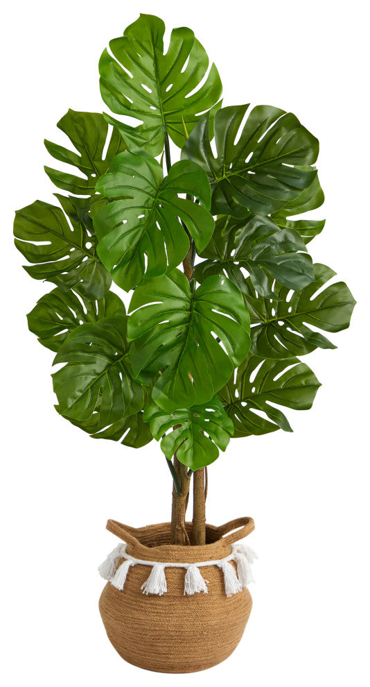 4' Monstera Faux Tree, Boho Handmade Natural Cotton Woven Planter W/Tassels