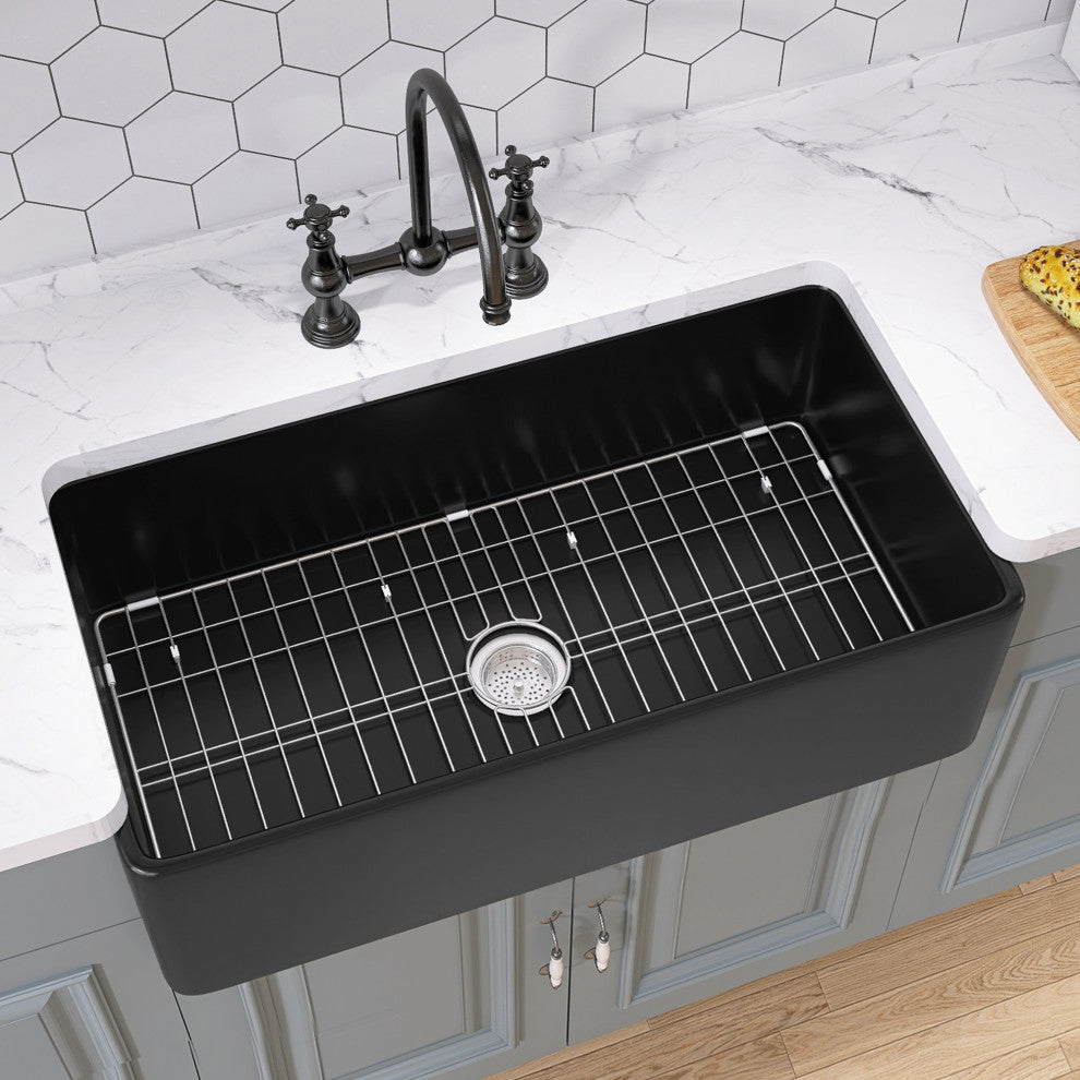 33 inch Black Single Farmhouse Kitchen Sink with Bottom Grid