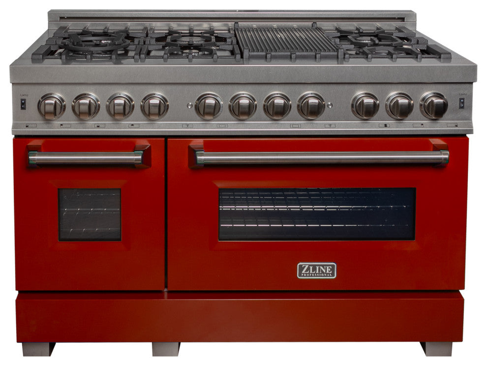 ZLINE 48" Dual Fuel Range, DuraSnow With Red Gloss Door RAS-RG-48