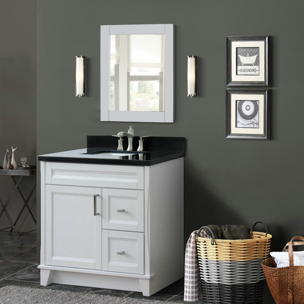 37" Single Sink Vanity, White Finish With Black Galaxy Granite