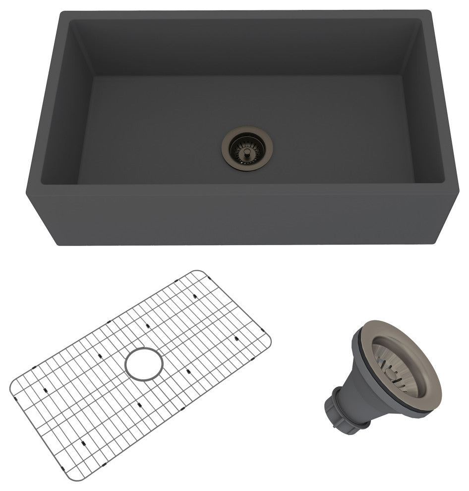 33in Single Bowl Farmhouse Apron Kitchen Sink with Bottom Grid and Drainer, Black Earth