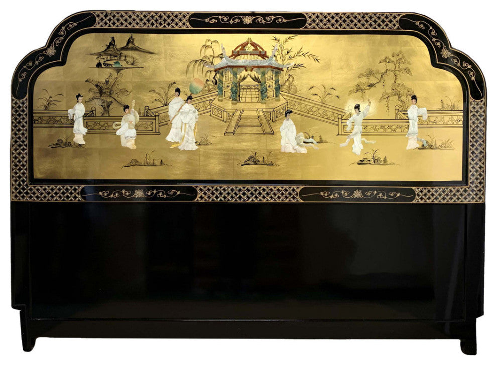 Gold Leaf Oriental Head Board With Mother of Pearl Pagoda Scene, Gold, 56"