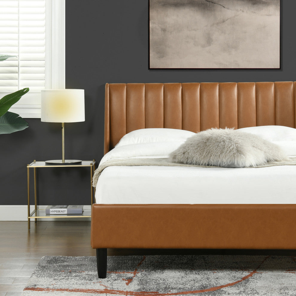 Aspen Modern Vertical Tufted Upholstered Platform Bed, Caramel Tan Brown Faux Leather, Queen
