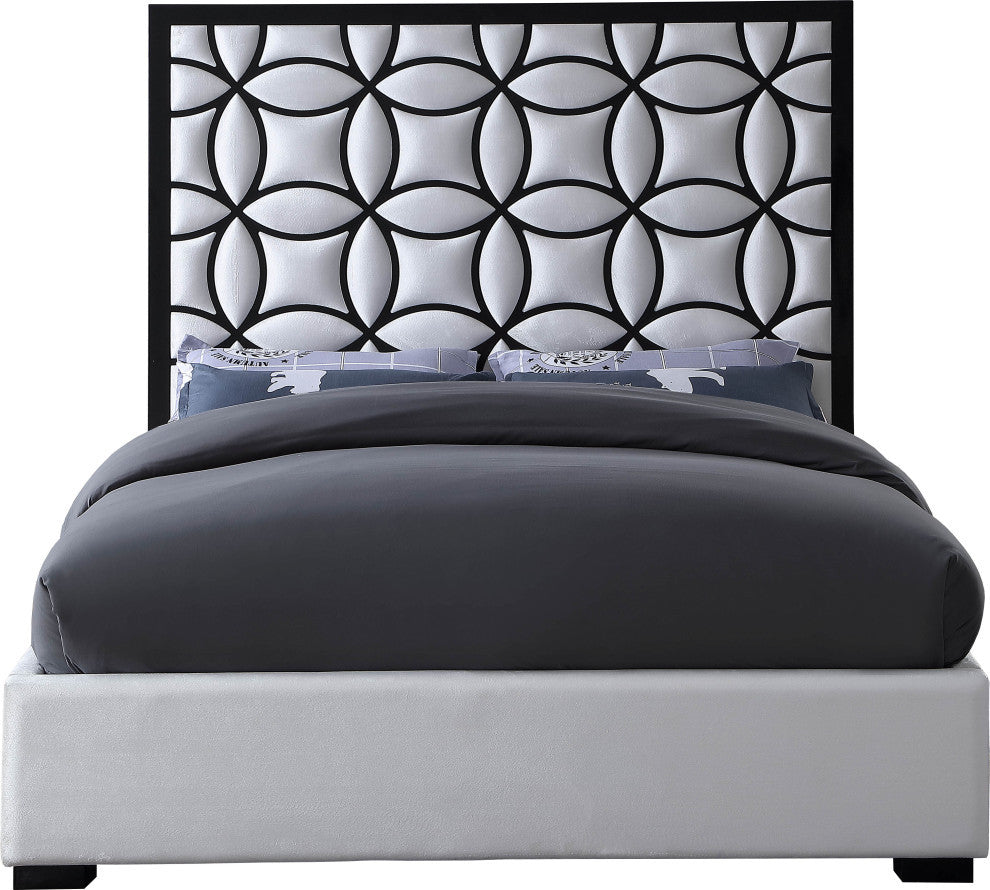 Taj White Velvet Bed With Matte Black Steel Frame and Legs, Queen