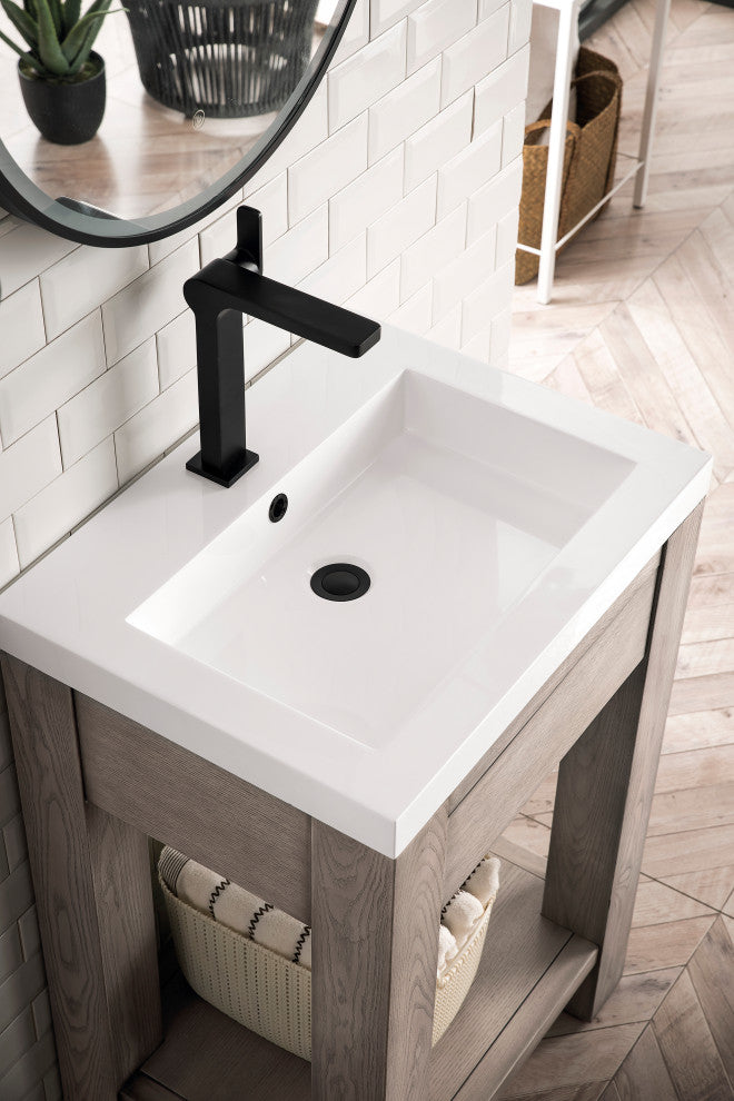 Brooklyn 24" Wooden Sink Console, Platinum Ash, White Glossy Resin Countertop