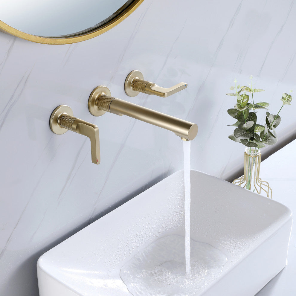 Wall Mounted Dual Handles Bathroom Faucet, Brushed Gold