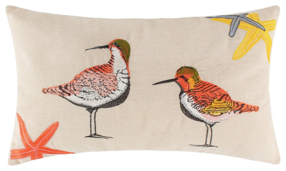 Benzara BM293457 Throw Pillow, Hand Embroidered Shorebirds, Canvas and Linen