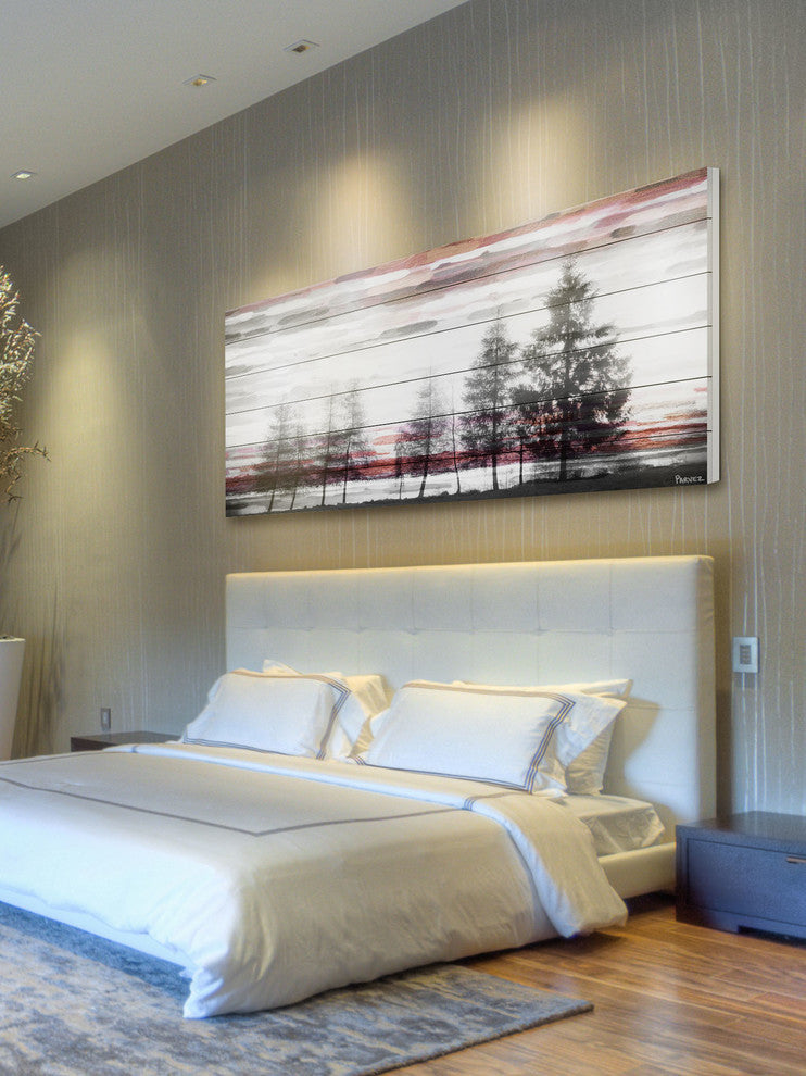 "Red Behind the Trees" Print on White Wood, 60"x30"